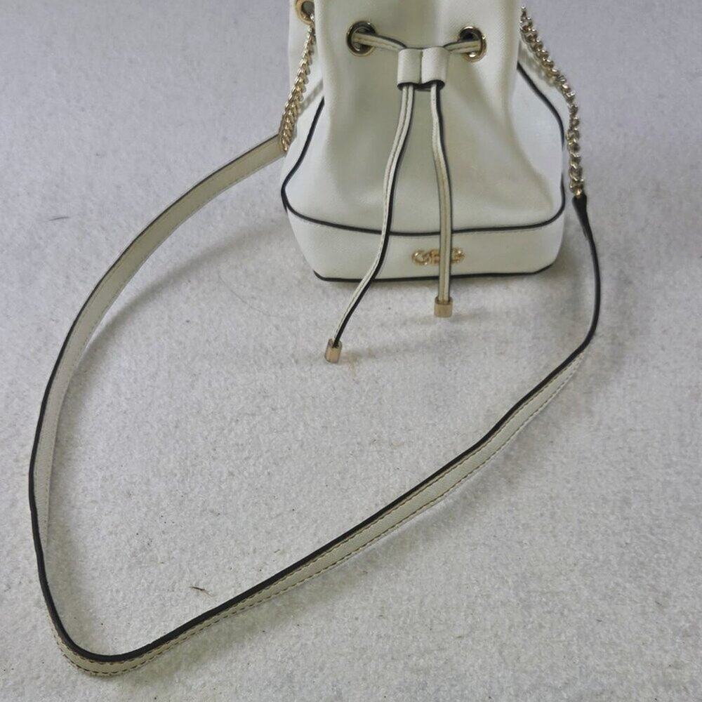 White Faux Leather Bucket Bag Gold Chain Drawstring Shoulder Crossbody Purse